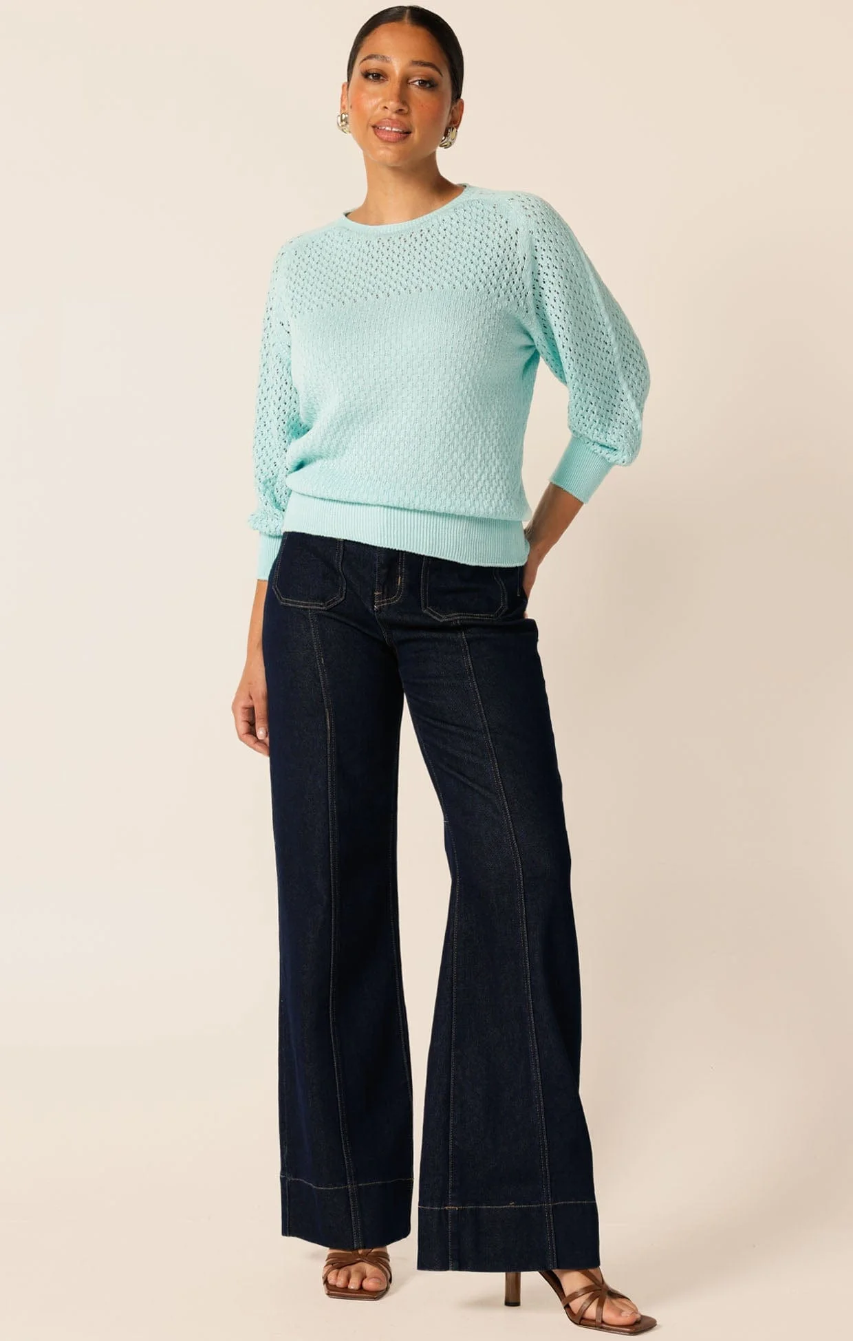 3/4 SLEEVE RIPPLE KNIT TOP IN AQUAMARINE - Image 3