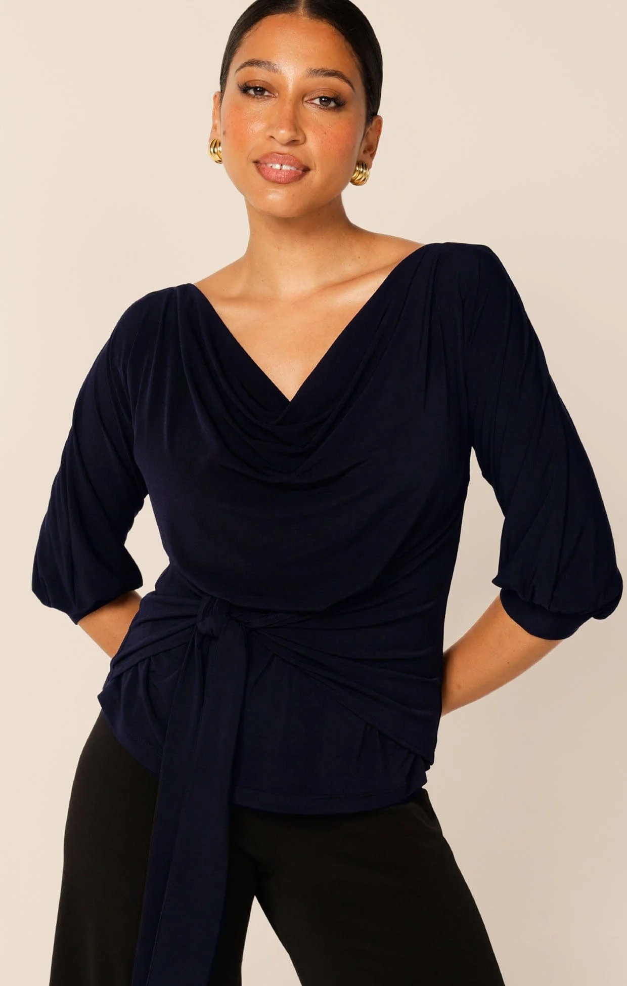 COWL TIE DRAPE TOP IN NAVY - Image 3